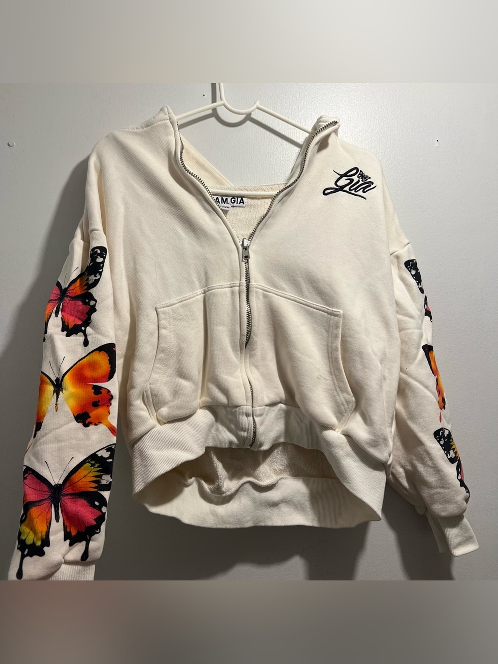 I AM GIA Cream Butterfly Graphic Zip Hoodie